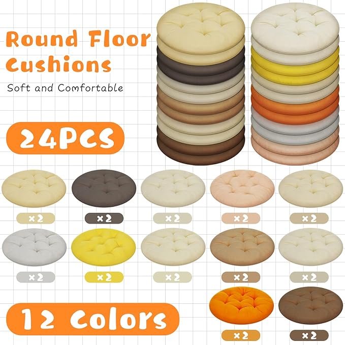 24 Pcs Round Floor Cushions Floor Pillows Meditation Seat Pillows Flexible Seating for Adults Kids, Chair Cushions for Classroom, Nursery, Living Room, Yoga(Medium 15.7 Inch,Yellow-Brown)