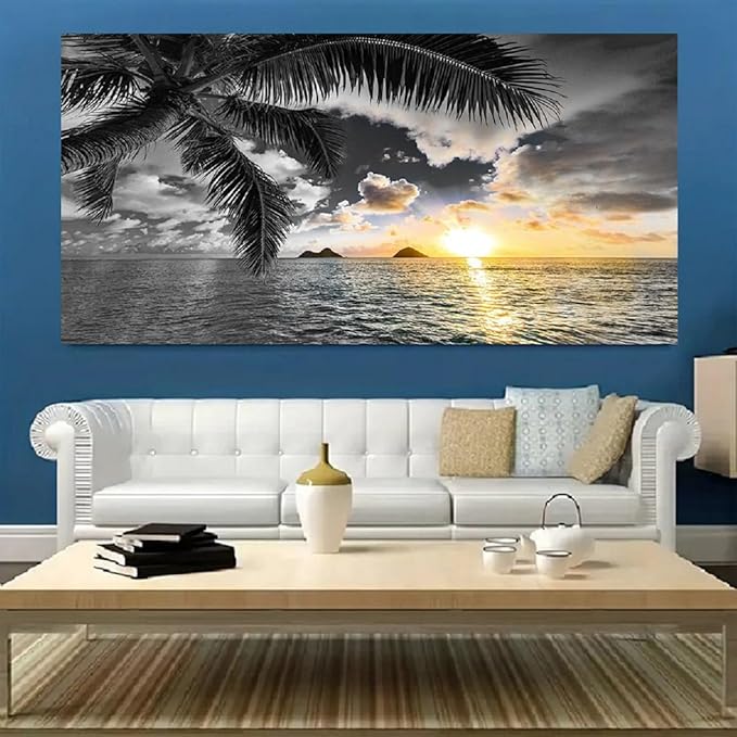 Bamdeya Large Canvas Wall Art for Bedroom Black and White Beach Wall Art Sunset Seascape Pictures Palm Prints Art Wall Decor Living Room Ocean Poster Painting Home Office Decoration Scenery Artwork