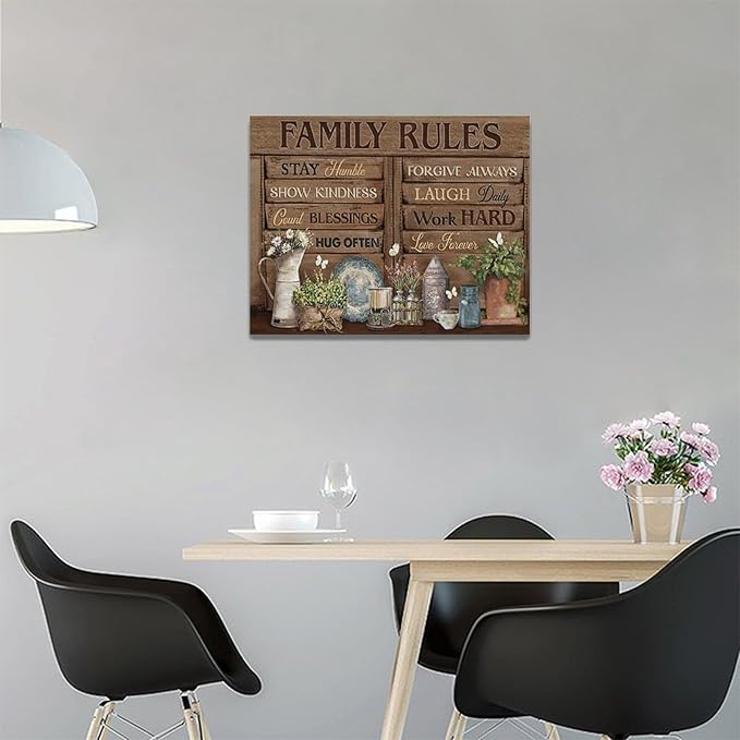 Country Family Rules Wall Art Farmhouse Inspiration Wall Decor Rustic Flower Home Sign Pictures Canvas Painting Artwork Home Decorations For Living Room Bedroom Bathroom Office 16"x12"