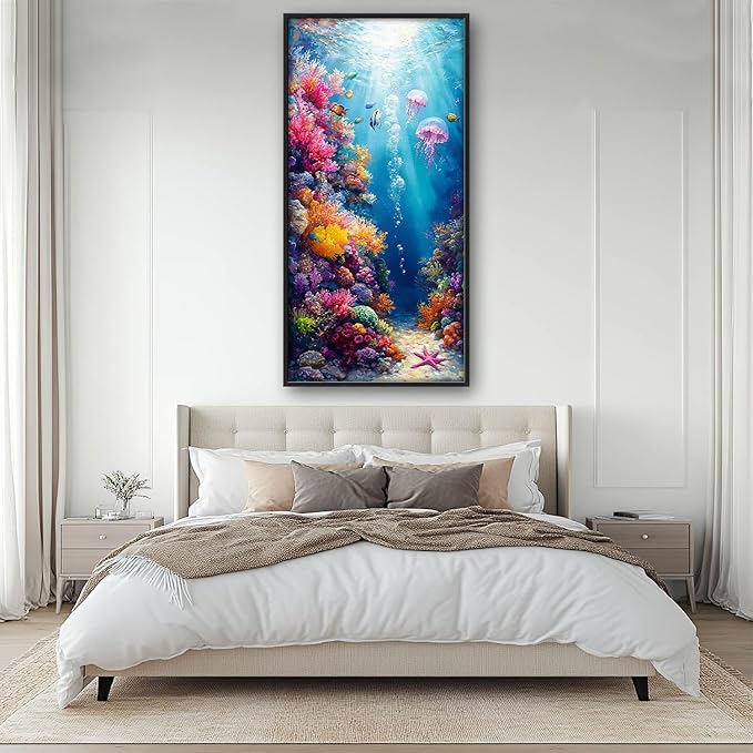 Ocean Large Wall Art Nautical Coral Sealife Pictures Wall Decor Undersea Canvas Seascape Print Painting Modern Artwork Home Decoration for Entrance Living Room Bathroom Bedroom Office Framed 60"x30"