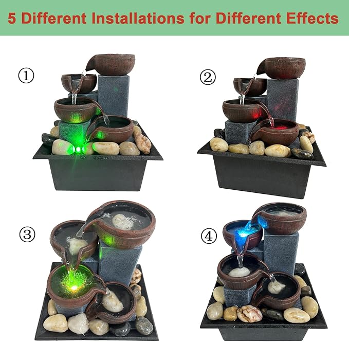 Small Indoor Relaxation Tabletop Fountain, Zen Meditation Waterfall Feature with Color LED Light & Natural Rocks, 4 Level Desk Waterfall for Home Office Bedroom Living Room Decoration (Style 1)