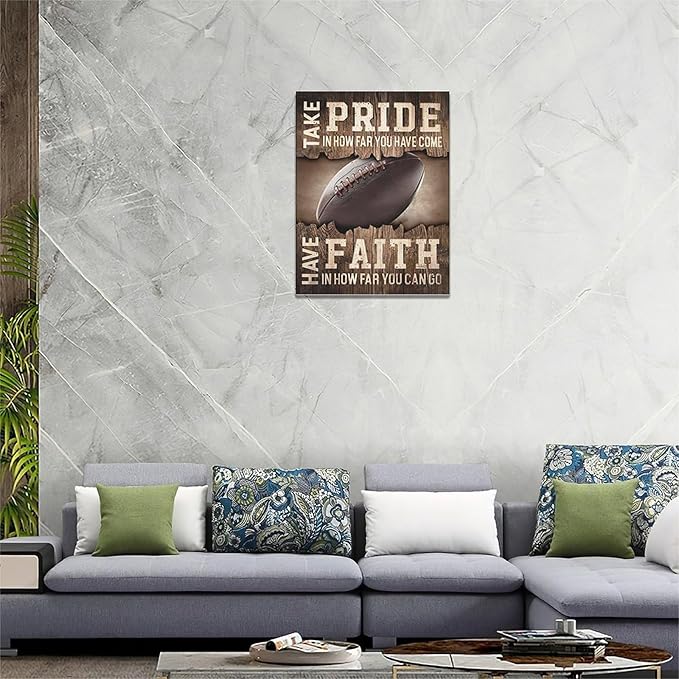Fleruku Rustic Football Wall Art Sports Wall Decor Inspirational Quotes Brown Pictures Football Sign Canvas Painting Artwork Home Decorations for Boy Man Teenager Fans Bedroom Living Room 12"x16"