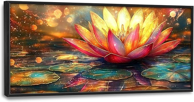 Framed Large Lotus Wall Art for Living Room, Oversized Zen Lotus Flower Wall Decor Golden Floral Canvas Painting Modern Artwork Home Decoration for Living Room Bedroom Office 60"x30"