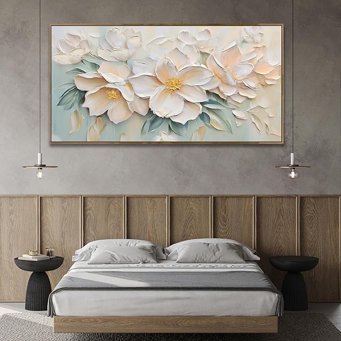 Anolyfi White Textured Flowers Canvas Wall Art for Living Room, Modern Aesthetic Abstract Sage Pink Florals Picture Painting, Large Artwork for Hallway Bedroom Office Home Decor, Wood Framed 48"x24"