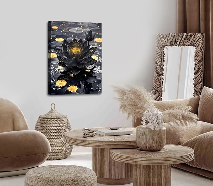 Lotus Floral Wall Art for Zen Office Decor Wall Art,Framed Black and Gold Lotus Flower Painting Artwork,Modern Meditation Poster Yoga SPA Room Bathroom Home Decor(12"x16")