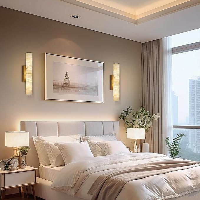 Alabaster Wall Sconces Gold, Spanish Natural Marble Wall Sconce, 20" Brass Wall Sconce for Bathroom, Indoor Stone Wall Sconces Dimmable, Alabaster Wall Light for Living Room, Bedroom, Hallway, Stairs