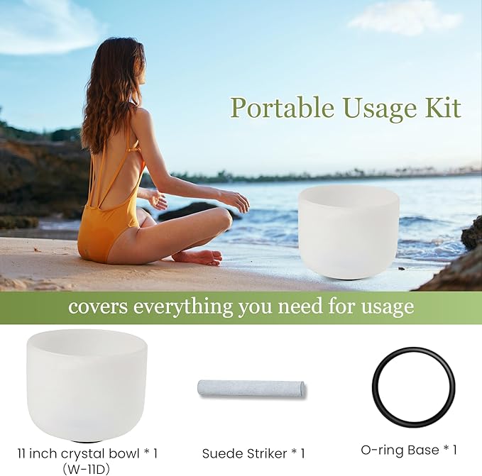 432HZ 11 Inchs Frosted Crystal Singing Bowl Set for Meditation Healing Yoga Chakra Quartz Crystal Sound Bowls with Heavy Duty Carry Case and Rubber Mallet,Suede Striker,O-rings