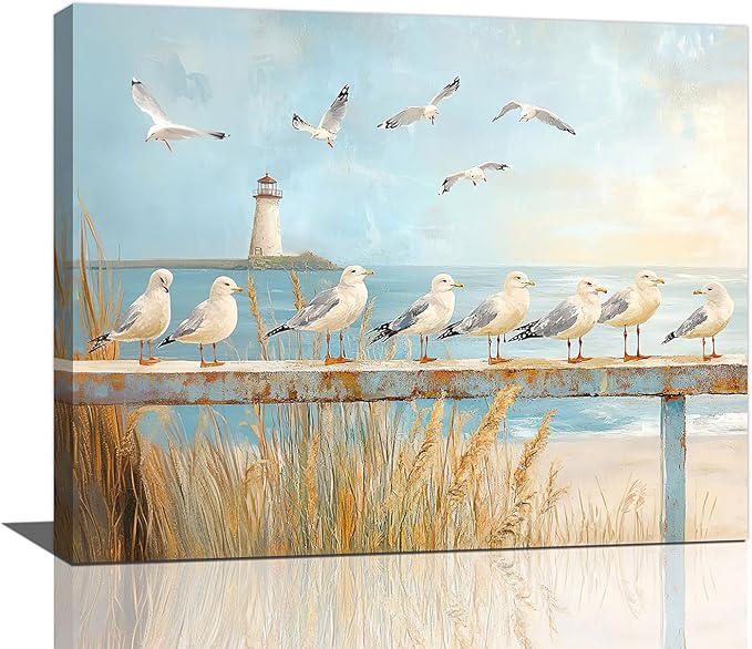 Olivine Beach Wall Art, Coastal Seagull Lighthouse Bathroom Pictures, Nautical Canvas Prints Painting for Living Room Bedroom Dinning Room Kitchen 20x16 Inch Framed