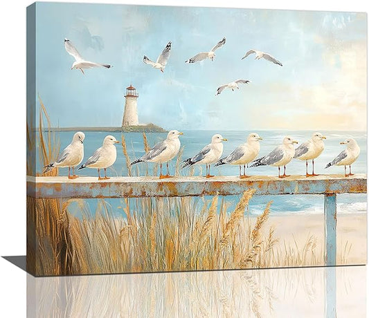 Olivine Beach Wall Art, Coastal Seagull Lighthouse Bathroom Pictures, Nautical Canvas Prints Painting for Living Room Bedroom Dinning Room Kitchen 20x16 Inch Framed