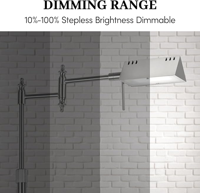 Dimmable Pharmacy Floor Lamp with Remote, 15W LED Reading Floor Lamp with 360°Swing Arm, 3 Color Temperature, Height Adjustable Silver Standing Task Lamp for Living Room, Bedroom, Brushed Nickel