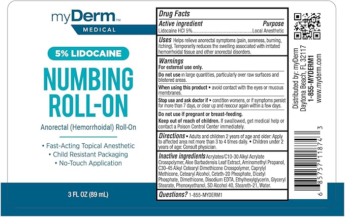Myderm Medical 5% Lidocaine Numbing Roll On - Pack of 3 - for Minor Aches, Scratches and Hemorrhoidal Discomfort - Made in The USA (3 Pack)