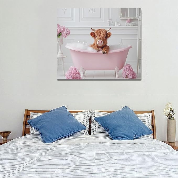 Bathroom Cow Wall Art Highland Cow Wall Decor Pink Pictures Canvas Painting Framed Artwork Home Decorations for Toilet Lavatory Living Room Bedroom 24"x20"