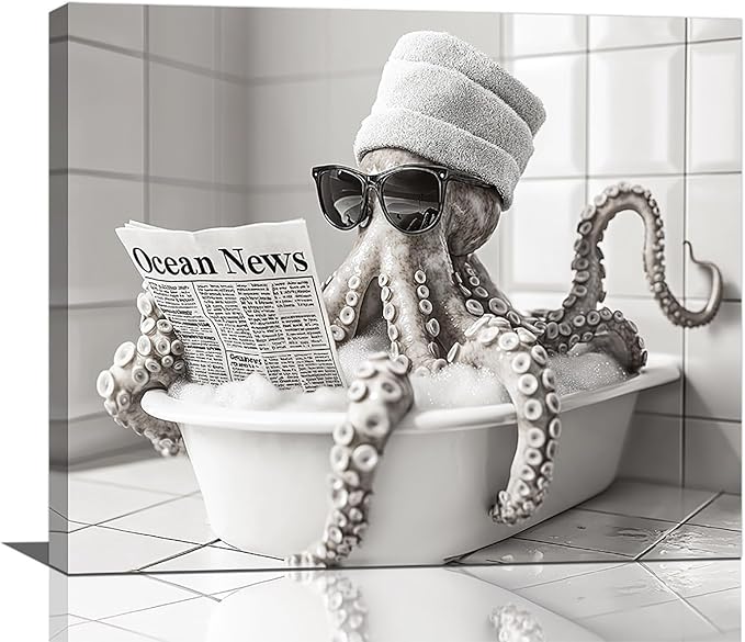 Olivine Octopus Wall Art, Funny Animal Pictures Wall Decor, Black And White Painting, Octopus Bathtub Canvas Prints, Framed Artwork for Bathroom Bedroom Living Room Office Home Decoration 24"x20"