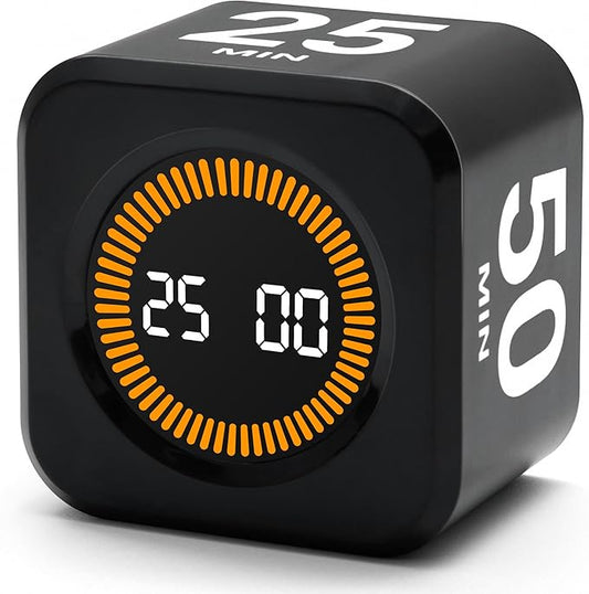 Rotating Productivity Timer 5, 25, 10, 50 Minutes Preset, Desk Cube w/Gravity Sensor for ADHD, Mute Functions, Ideal for Work, Study, Kitchen, Back to School (1, Black)