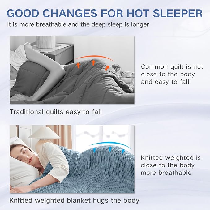 Guohaoi Knitted Weighted Blanket for Adults (Haze Blue 60"x80" 17lbs) No Beads Cooling Throw Blanket for Hot Sleepers, Home Decor Breathable Chunky Knit Heavy Blanket Use on Queen/King Size Bed