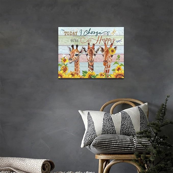 Giraffe Bathroom Decor Wall Art Sunflower Wall Decor Giraffe Canvas I Choose Happy Prints Painting Framed Artwork for Bathroom living room Bedroom 16"x12"