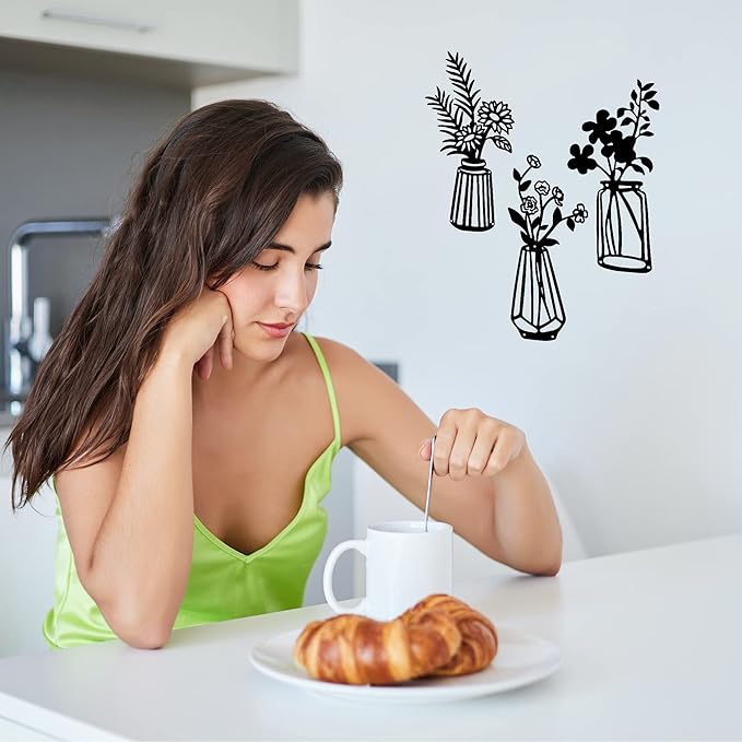 3 Pieces Black Metal Flowers Wall Decor Vase Art Sculptures Hanging for Indoor Kitchen Bathroom Dining Room Patio, 14.56x7.48 Inches