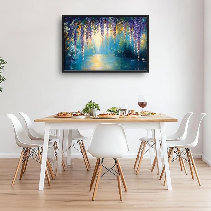 Wisteria Floral Large Wall Art Country Flower Pictures Wall Decor Lake Canvas Landscape Print Painting Modern Artwork Home Decoration for Living Room Bathroom Bedroom Office Framed 36"x24"