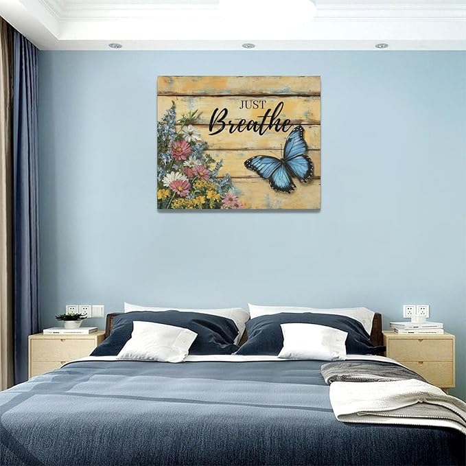 Olivine Butterfly Wall Art, Butterflies Flower Pictures Wall Decor, Just Breathe Painting, Vintage Farmhouse Canvas Prints, Framed Artwork for Living Room Bedroom Bathroom Kitchen Office Home 20"x16"