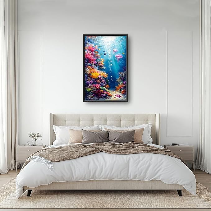 Ocean Large Wall Art Nautical Coral Sealife Pictures Wall Decor Undersea Canvas Seascape Print Painting Modern Artwork Home Decoration for Entrance Living Room Bathroom Bedroom Office Framed 36"x24"