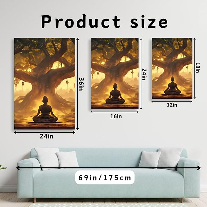 WithHope 3 Piece Buddha Canvas Wall Art, Buddha Home Decor, Buddhist Decorations, Zen Canvas Wall Art, Tree of Life Artwork, Zen Decorations, Modern Painting, Living Room Decor (12" x 18" x 3 pcs)