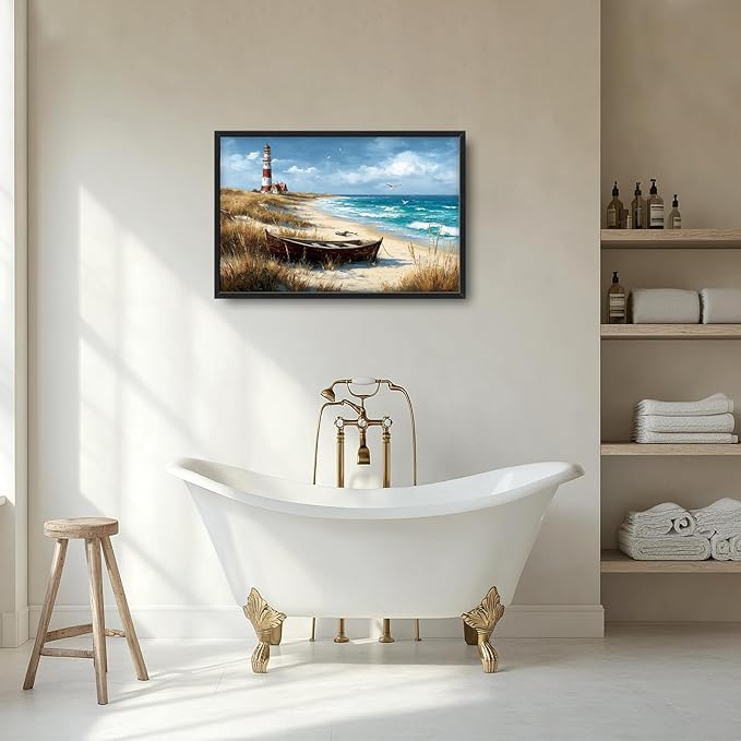 Glocmna Large Ocean Lighthouse Wall Art for Living Room Beach Coastal Scenery Wall Decor summer nautical Seascape Canvas Pictures Painting Print Framed Artwork Decorations for Bedroom Home Gifts 24"x36"