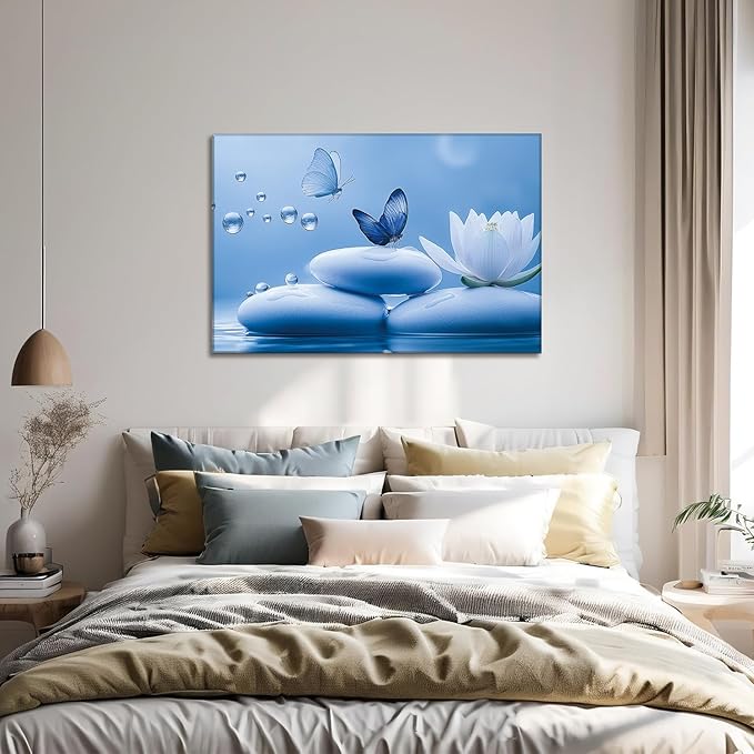 Zen Canvas Wall Art Bathroom Decor Bloom White Flower Prints Butterfly on Stone Picture Meditation Artwork for Living Room Office Yoga Spa Spiritual Room Decor Framed(Art-5,16.00x24.00 inch)