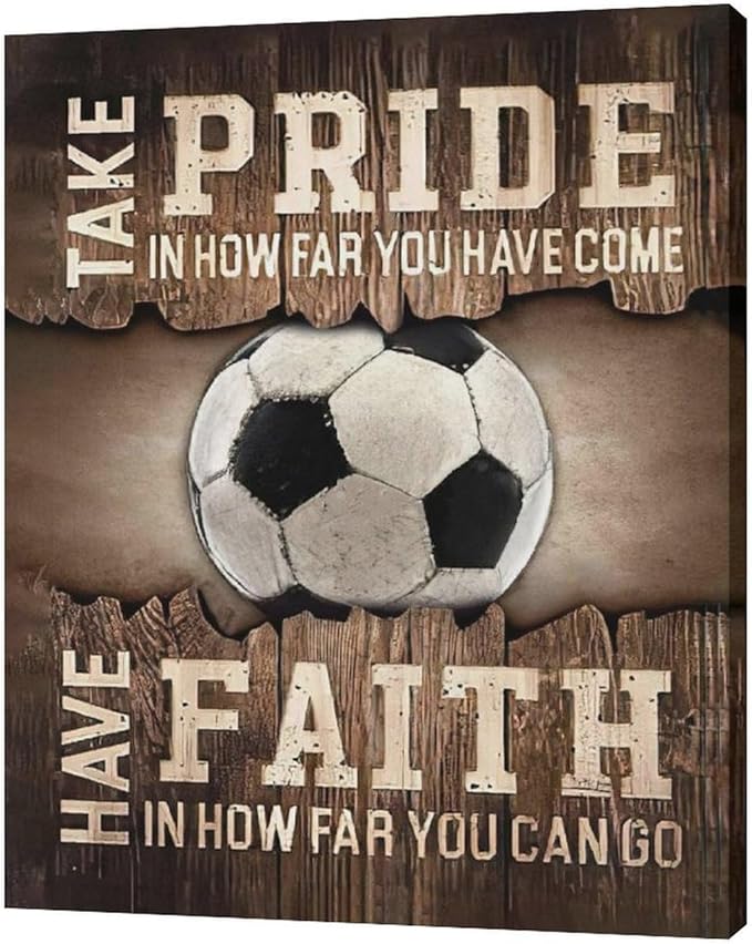 Fleruku Rustic Soccer Wall Art Sports Wall Decor Inspirational Quotes Brown Pictures Soccer Sign Canvas Painting Artwork Home Decorations for Boy Man Teenager Fans Bedroom Living Room 16"x20"