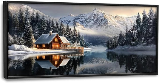 Winter Large Wall Art Mountain Lake Log Cabin Nature Pictures Wall Decor Landscape Canvas Prints Paintings Home Office Decorations Above Bed Framed Artwork for Living Room Dinning Room 60"x30"