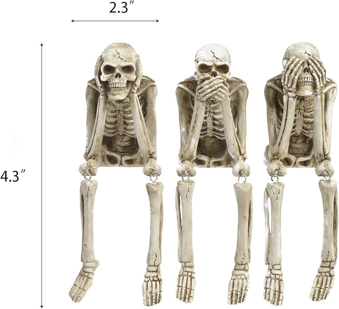 Newman House Studio Halloween Statues No-Evil Skeleton Collectible-Figurines - Realistic Skull Decorations See Speak Hear No Evil Home Decor Set of 3, 2.3L x 4W x 4.3H inch