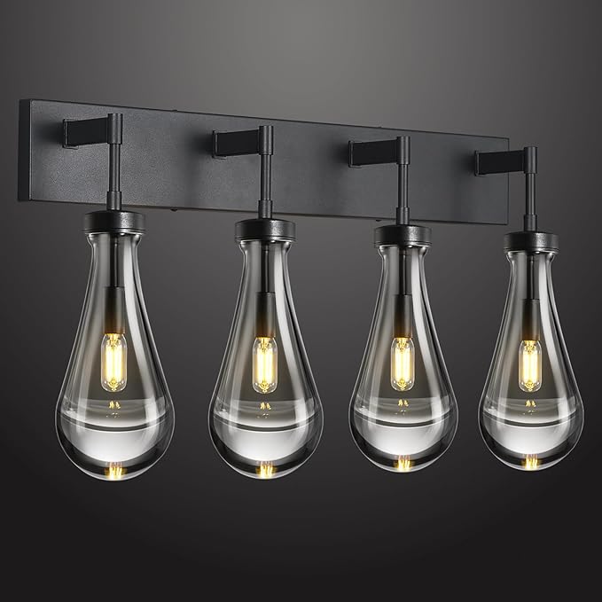 Raindrop Wall Sconces Black Crystal Sconces Wall Decor Modern Brass Lighting Glass Bathroom Sconces Indoor Vanity Light Wall Lamp for Bedroom Living Room Stair(4-Light)