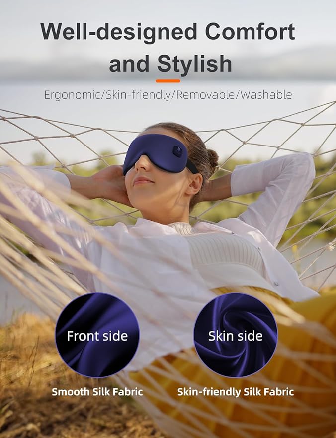 Silk Cordless Heated Eye Mask, Compress Heating Pad for Dry Eye Stye Eye Strain, Blackout Electric Warm Eye Mask for Airplane Sleeping for Travel, Idea for Women/Men (Silk-Blue)