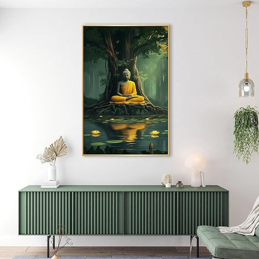 Buddha Canvas Wall Art, Buddha in the Green Jungle Painting Print Poster, Zen Statue Art Pictures Artwork, Meditation Buddhism Wall Decor for Yoga Room, Living Room (Gold Framed, 32x48in|82x122cm)