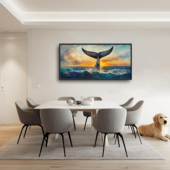 SweetFox Extra Large Whale Tail Framed Wall Art for Living Room, Coastal Ocean Whale Pictures Oversized Wall Decor Abstract Big Canvas Painting Print Artworks for Bathroom Master Bedroom 60L X 30W