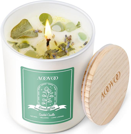 AOOVOO Eucalyptus Mint Scented Candles for Women - Aromatherapy Candle with Crystals Inside, 10oz Soy Candles for Home Scented, Mothers Day Birthday Gifts Candle for Women Mom