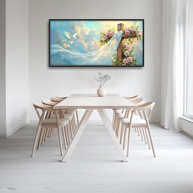 Cross Large Wall Art Christian Religious Pictures Wall Decor Rose Dove Big Canvas Painting Prints Framed Artwork Home Church Decorations Above Bed for Prayer Bedroom Living Room Dining Room 60"x30"