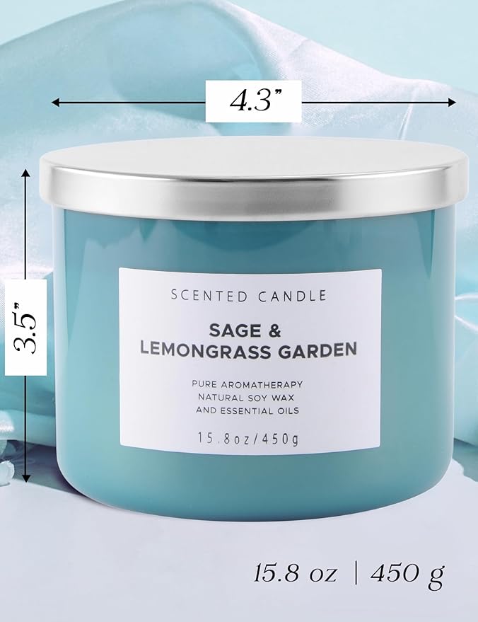 Sage Lemongrass Garden 3 Wick Scented Candle | Large Soy Candles for Home 15.8 oz | Long Lasting Stress Relief Candle | Soothing Sage Candles for Cleansing | Aromatherapy Candle Gift for Women & Men