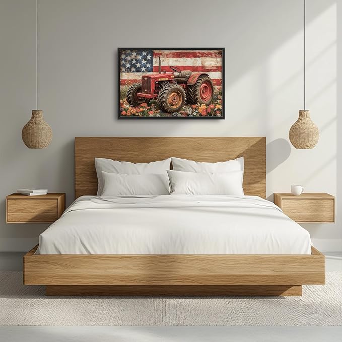 Framed Large Wall Art for Living Room, Farmhouse Tractors Canvas Wall Decor, Large Rustic Country Wildflowers Pictures Framed Painting, Natural Landscape Artwork for Bedroom Office Home Decor 36L'' × 24W''