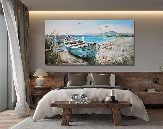 Anolyfi Large Beach Picture Wall Art Coastal Boat Blue Ocean Landscape Canvas Art Seagull Nautical Seascape Textured Painting Artwork Framed for Living Room Bedroom Bathroom Office Home Decor 48"x24"