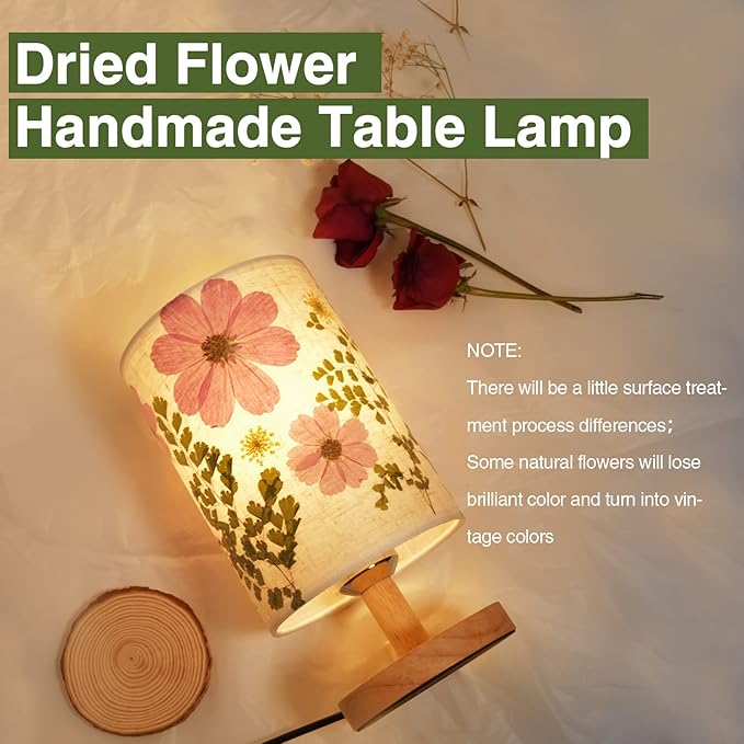 Dried Flowers Table Lamp 9W LED Dimmable Warm Light Pressed Flower Bedside Lamp Linen Shade with Wood Base for Bedroom Living Room Desk Office