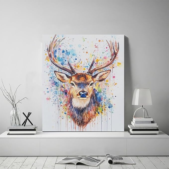 Fleruku Watercolor Deer Wall Art Colorful Elk Wall Decor Antlers Pictures Animal Canvas Painting Artwork Home Decorations for Living Room Bedroom Bathroom Office Nursery Classroom 20"x24"