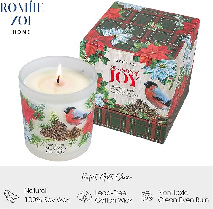 Christmas Scented Jar Candle - 6oz Soy Wax Candle - Season of Joy Infused with Winter Greenery Aroma - with Beautiful Keepsake Box Special for Christmas/Holiday Gifts