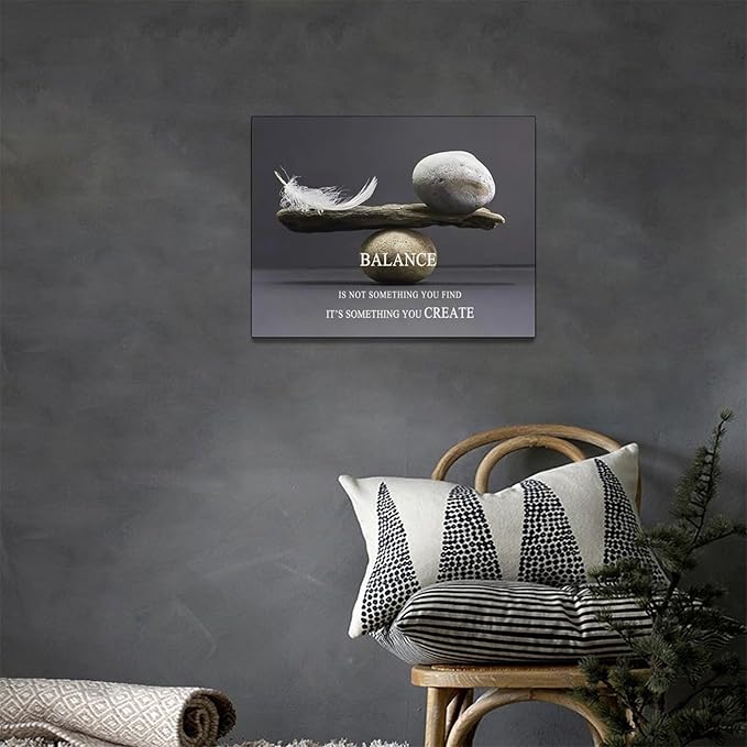 Zen Stone Wall Art Meditation Spiritual Wall Decor Inspirational Balance Feather Pictures Canvas Prints Framed Home Decorations Painting Artwork for Living Room Bedroom Office Bathroom 16"x12"
