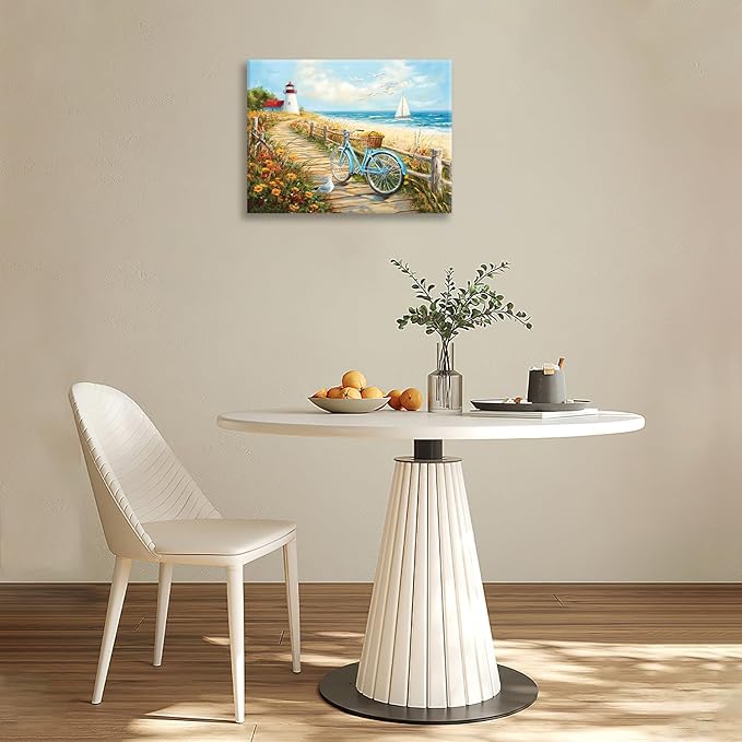 Olivine Coastal Wall Art, Beach Bicycle Pictures Wall Decor, Lighthouse Painting, Ocean Seascape Canvas Prints, Framed Artwork for Living Room Bedroom Bathroom Kitchen Office Home Decoration 16"x12"