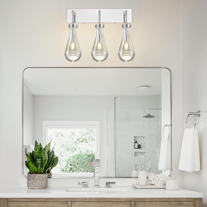 Raindrop Wall Sconces Chrome Crystal Sconces Wall Decor Modern Brass Lighting Glass Bathroom Sconces Indoor Vanity Light Wall Lamp for Bedroom Living Room Stair(3-Light)