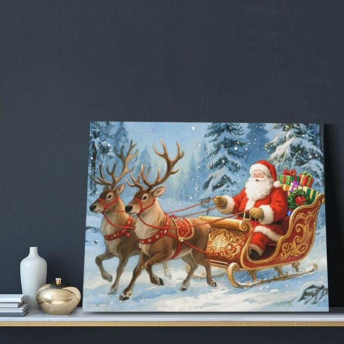 Santa Claus Christmas Wall Art Winter Santa Claus Reindeer Canvas Wall Decor Winter Christmas Pictures Painting Artwork Decoration Framed Gifts for Women Girl Bedroom Living Room Dining Office 16"x20"