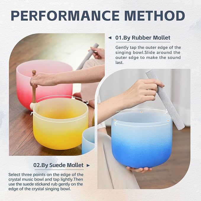 432HZ PCS Aria Gradient GEC Crystal Singing Bowl Set of 3, 8"G Throat, 10"E Solar Plexus, 12” Root with Case Suede Striker & O-Ring Sound Therapy for Reiki, Healing Energy