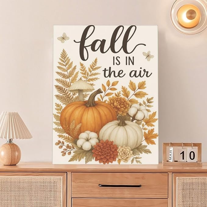 Fall Wall Decor Pumpkin Cotton Wall Art Autumn Pumpkin Canvas Pictures Painting Fall Signs Artwork Framed Decoration for Living Room Bedroom Dining Room Office Gifts 12"x16"