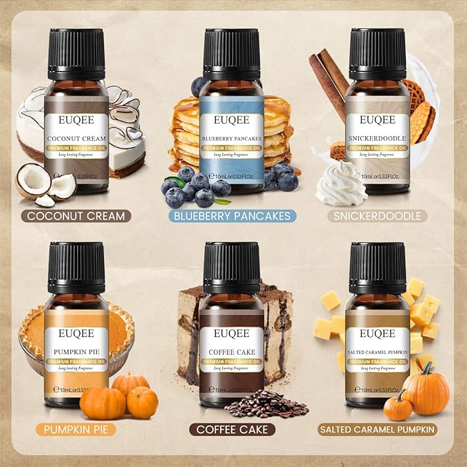 6PCS Premium Fragrance Oils for Homemade Bread-10ml-Pumpkin Pie, Coconut Cream, Snickerdoodle, Coffee Cake, Blueberry Pancakes, Salted Caramel Pumpkin
