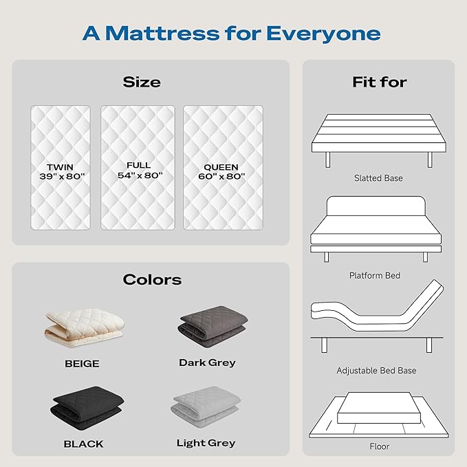 Japanese Floor Futon Mattress, Roll Up Tatami Mat, Sleeping Pad, Shikibuton, CertiPUR-US Certified Foam Floor Mattress for Bed Sleeping, Dormitory, Guest Bed, Designed in Japan(Grey, Full)